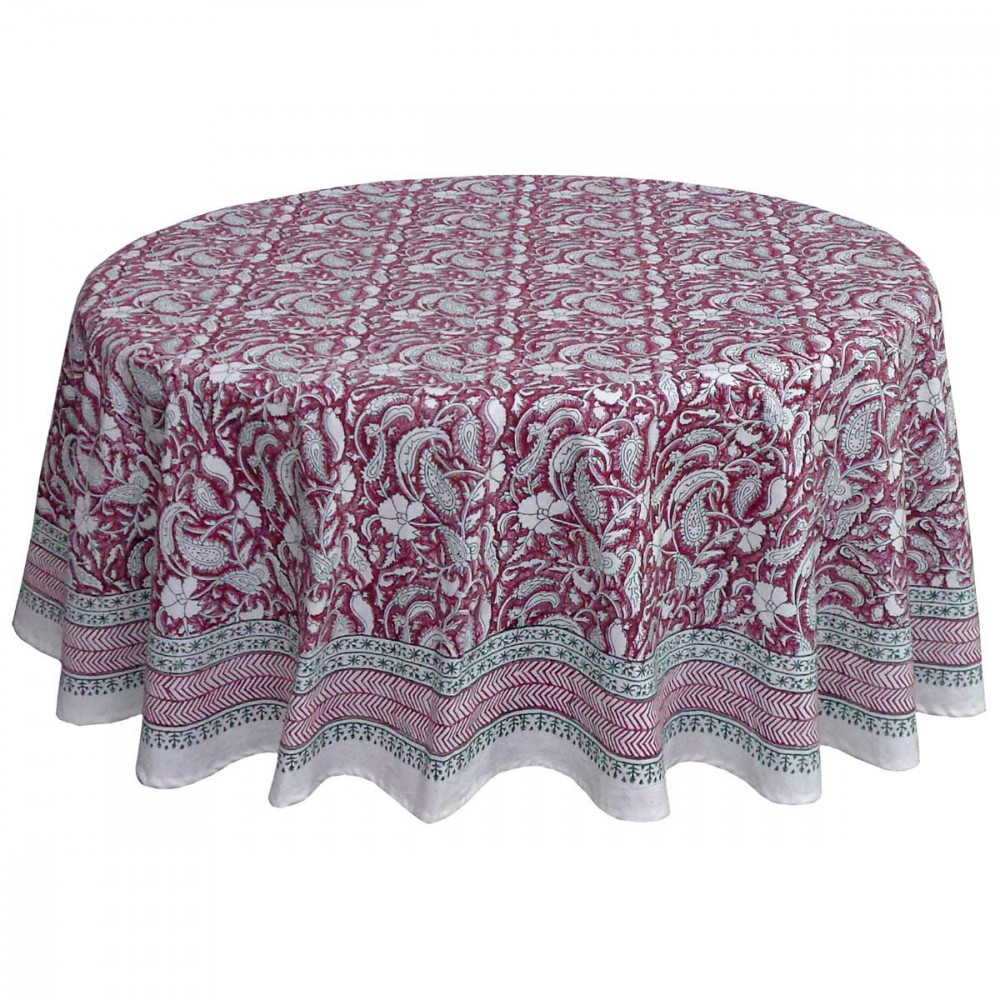 Image of Hand Block Printed Cotton Round Tablecloth 180 cms | Paisley Rose Vine 504851