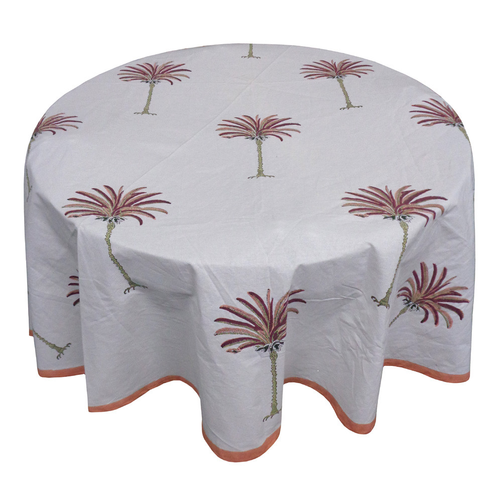 Hand Block Printed Cotton Round Tablecloth 180 cms  Palm Tree Pink 200516
