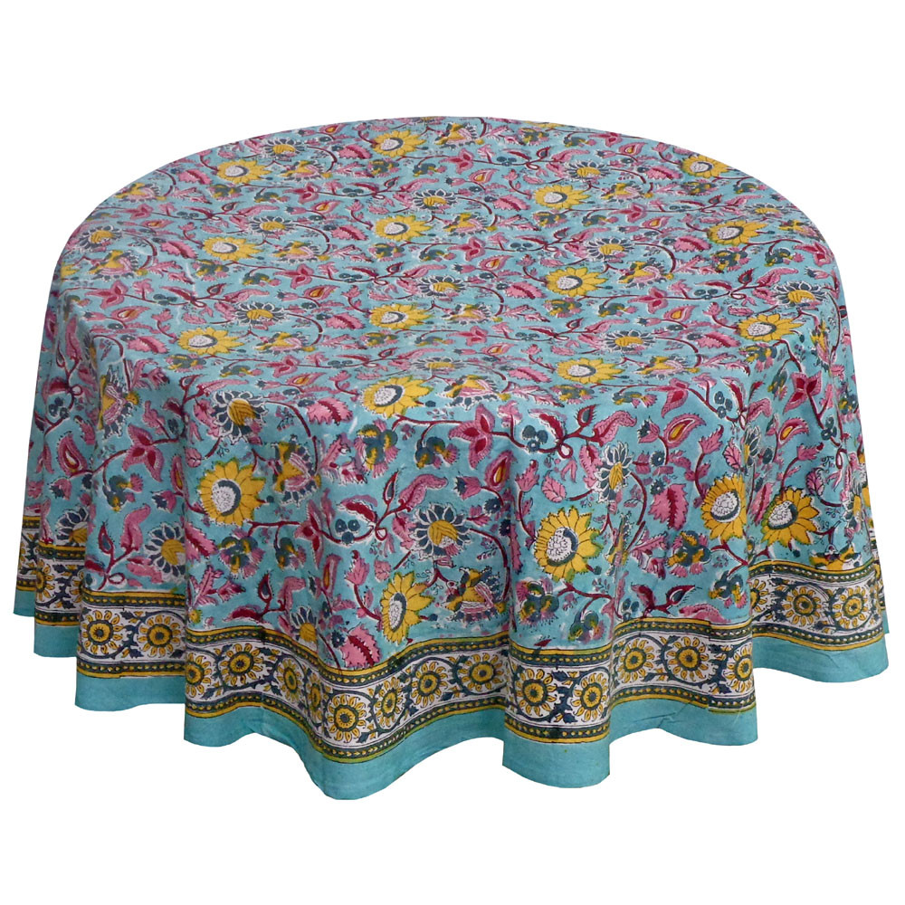 Hand Block Printed Cotton Round Tablecloth 180 cms  Phuljhari Jade Gud 602160