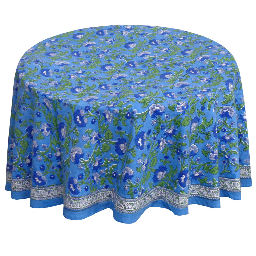 Hand Block Printed Cotton Round Tablecloth 180 cms Rukhsana Blue Gud 103736