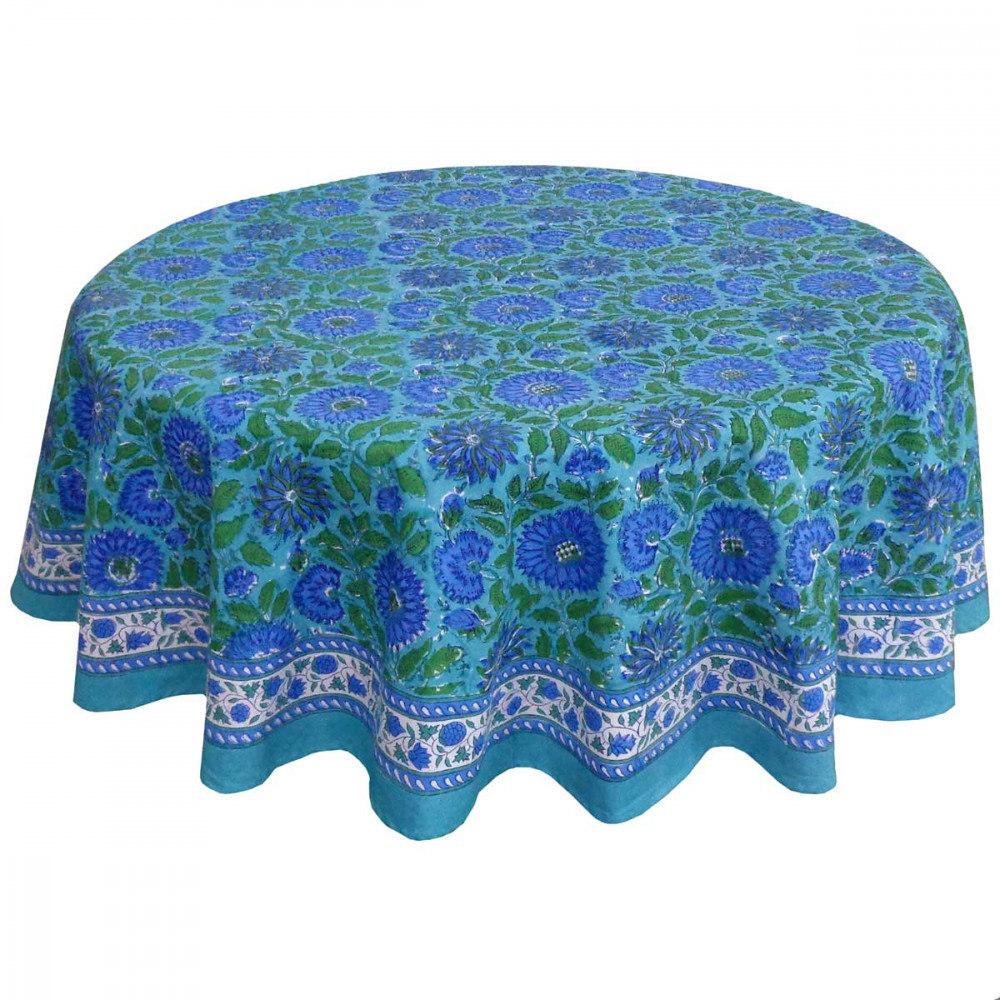 Image of Hand Block Printed Cotton Round Tablecloth 180 cms | Surajmukhi Blue Gud 106164