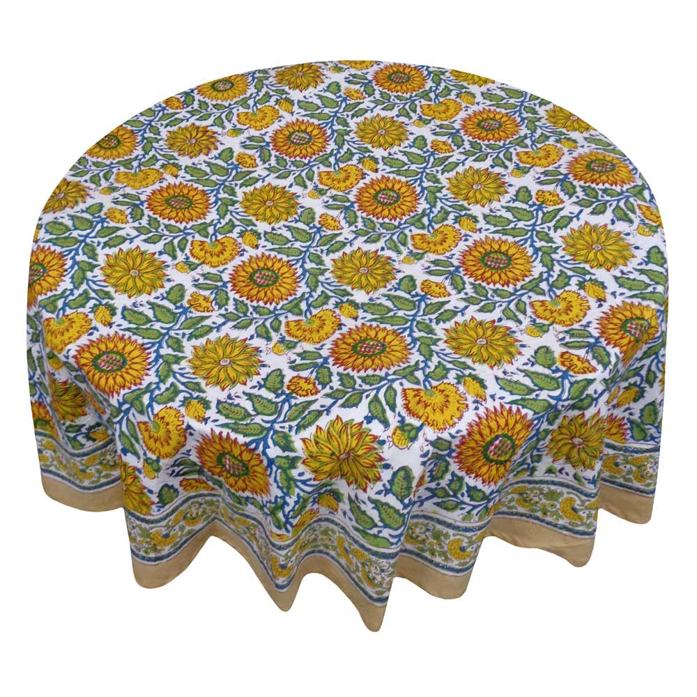 Hand Block Printed Cotton Round Tablecloth 180 cms  Surajmukhi Canary Open 206589