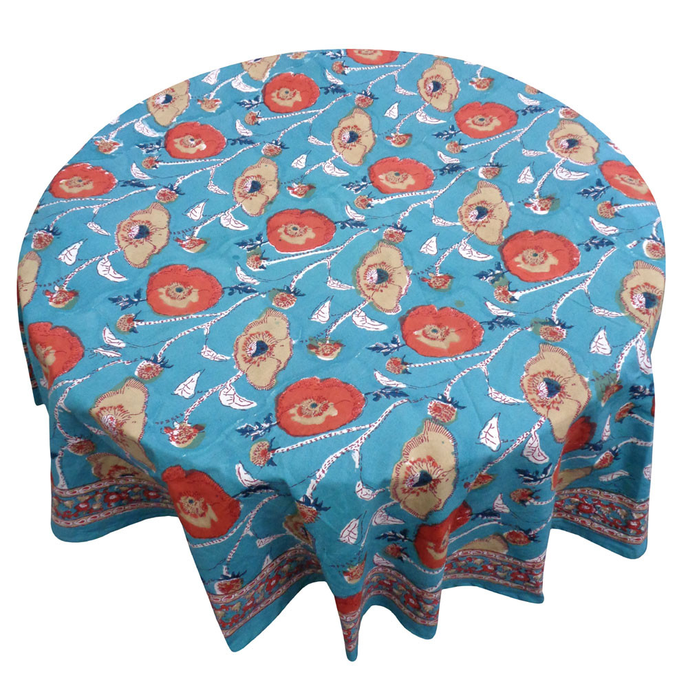 Image of Hand Block Printed Cotton Round Tablecloth 180 cms | Teal Flower Gud 205160