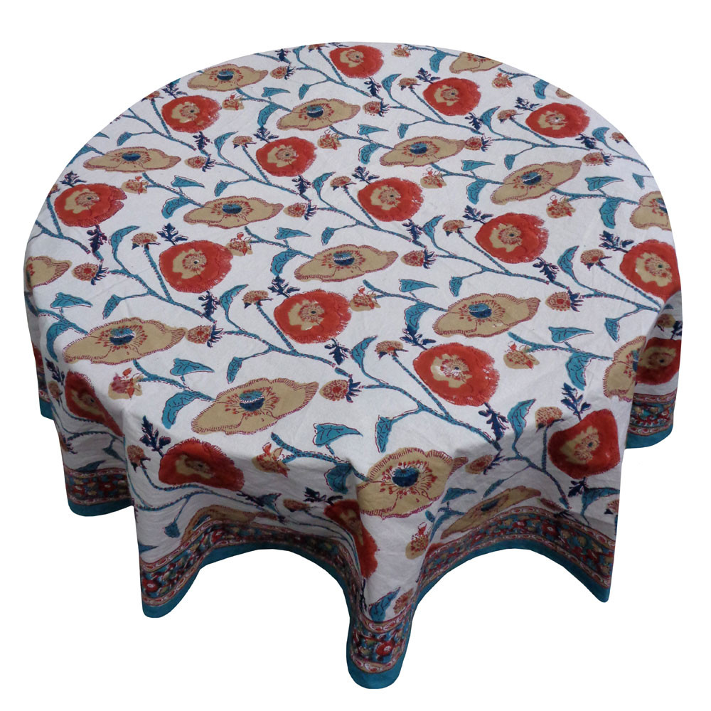 Image of Hand Block Printed Cotton Round Tablecloth 180 cms | Teal Flower Open 205165