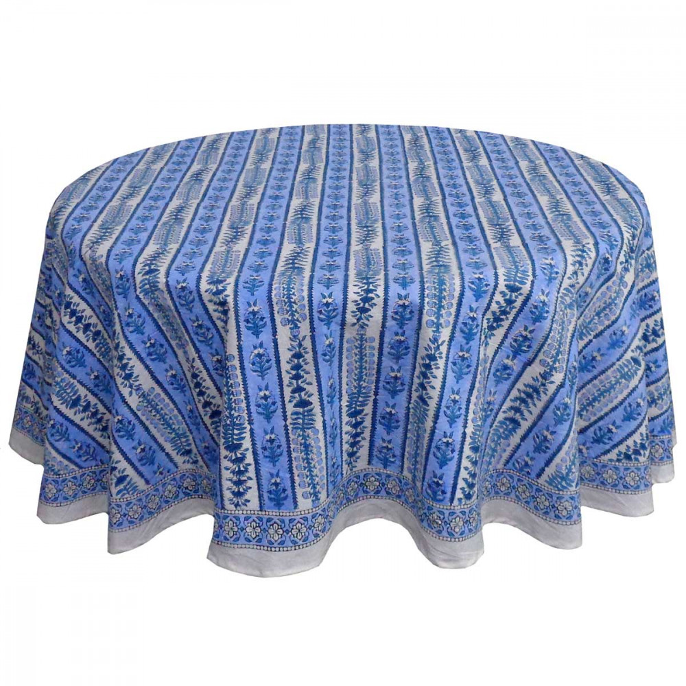 Image of Hand Block Printed Cotton Round Tablecloth 180 cms | Trellis Blue Booti 104113