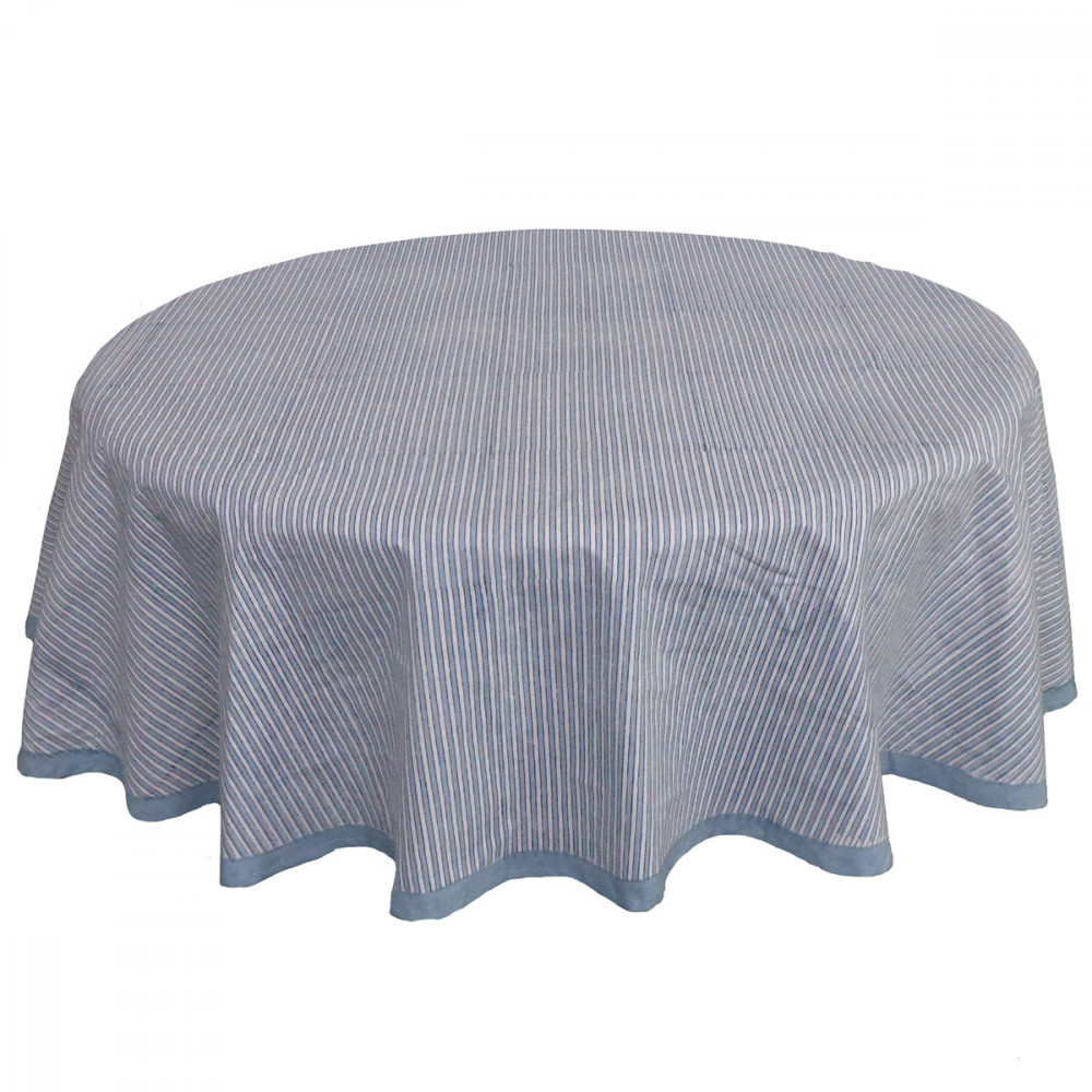 Image of Hand Block Printed Cotton Round Tablecloth 180 cms | Two Stripe Starlight 202212