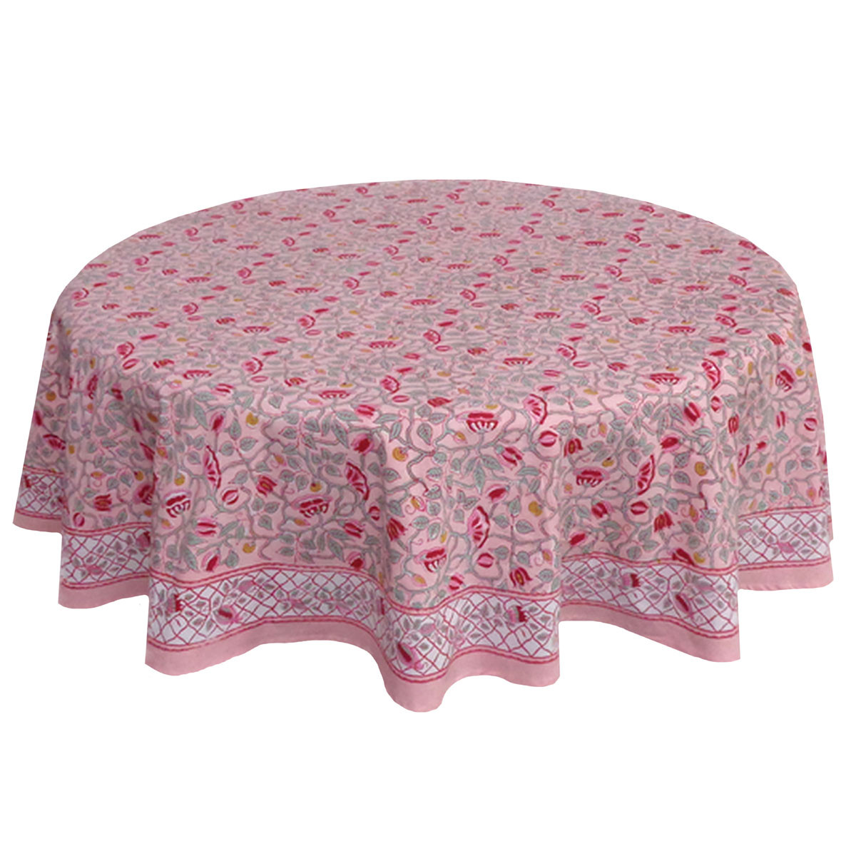 Hand Block Printed Cotton Round Tablecloth 180 cms  Waterlily Pink Gud 906174