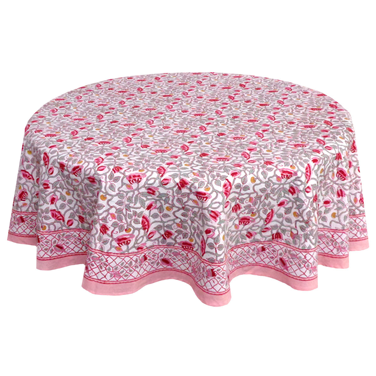 Hand Block Printed Cotton Round Tablecloth 180 cms Waterlily Pink Open 906172