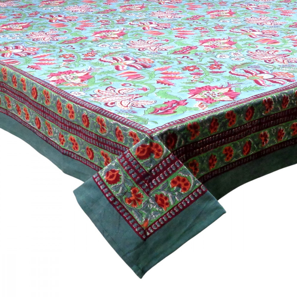 Image of Hand Block Printed Cotton Tablecloth 150x220 | Anarkali Green Gud 106821