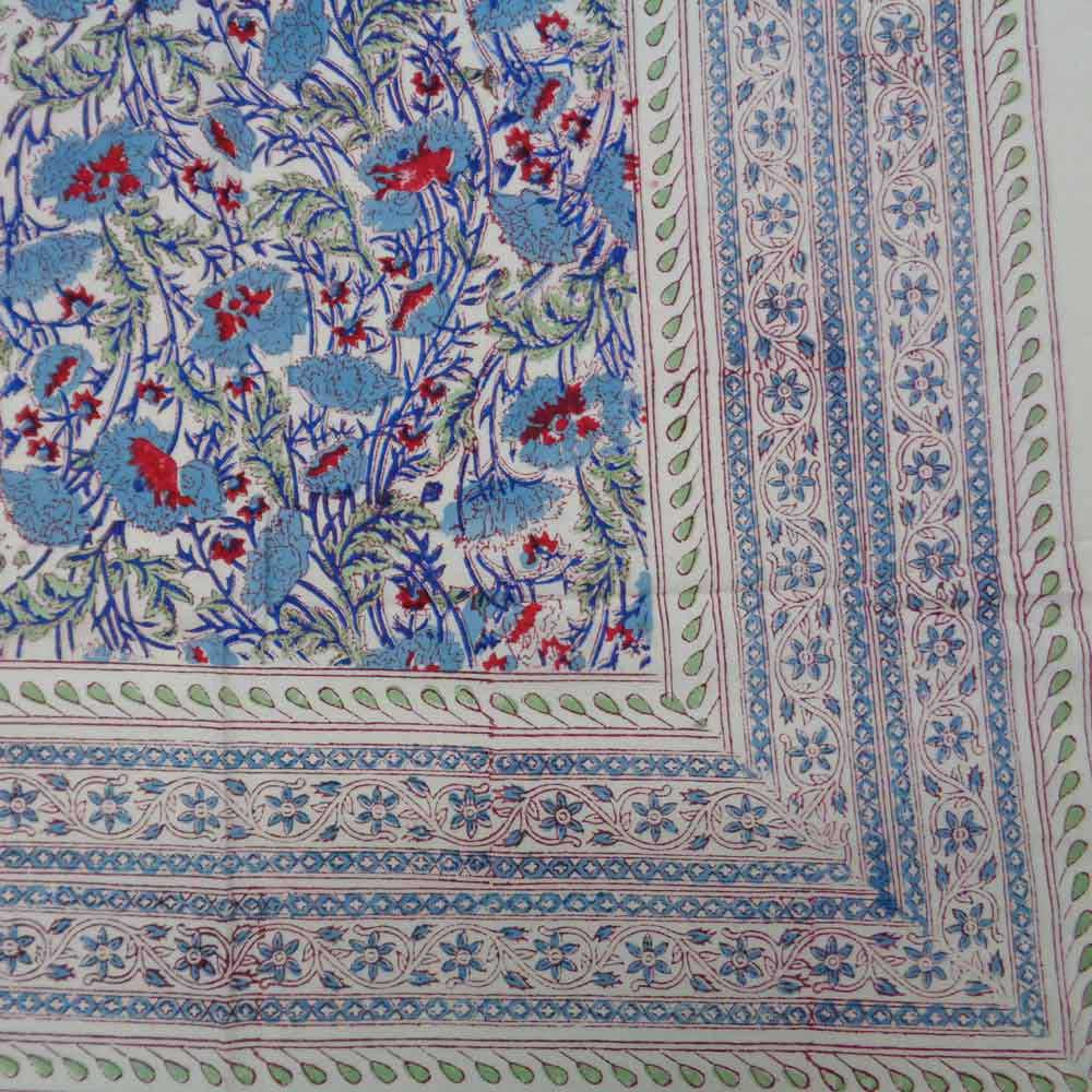 Hand Block Printed Cotton Tablecloth 150x220  Bush Flower Blue Open 105199
