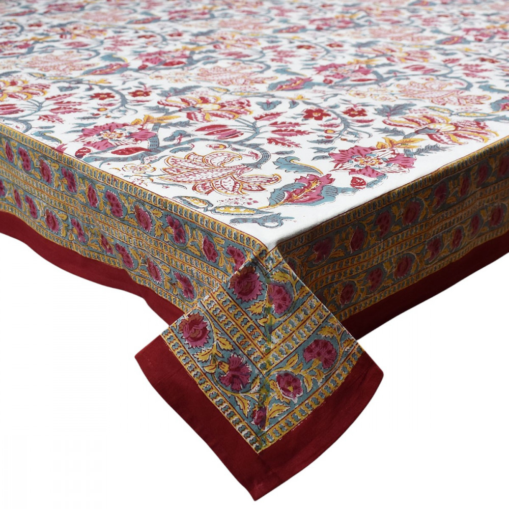 Image of Hand Block Printed Cotton Tablecloth 150x220 cms | Anarkali Red Open 200652