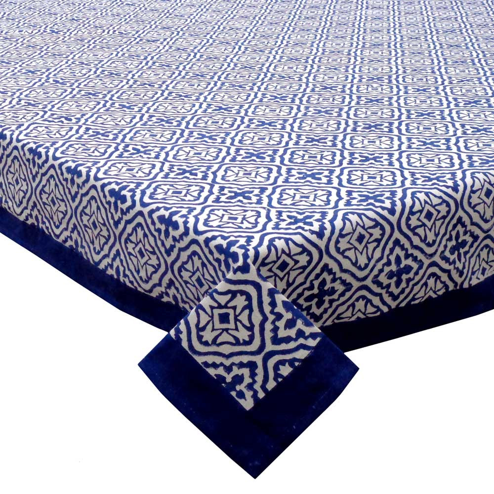 Hand Block Printed Cotton Tablecloth 150x220 cms  Cross Flower Blue 302287
