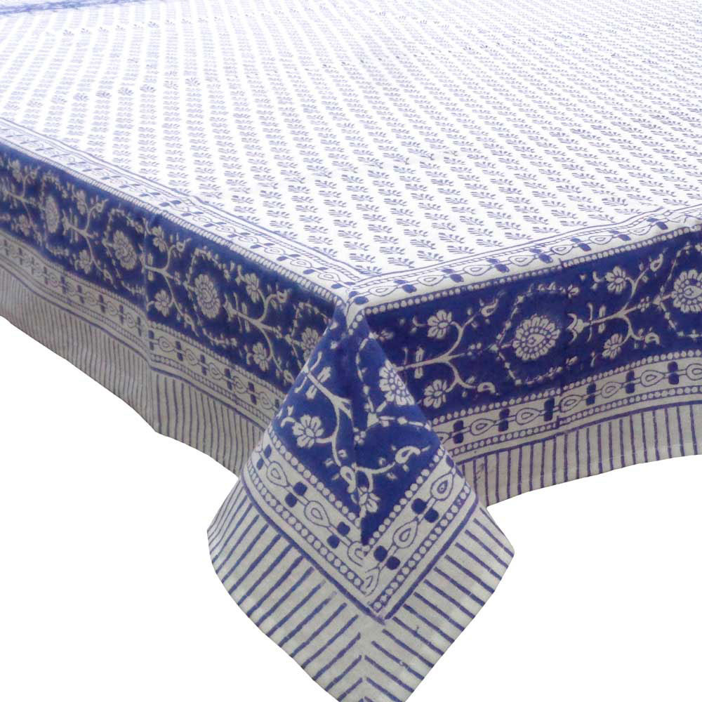 Image of Hand Block Printed Cotton Tablecloth 150x220 cms | Neem Estate Blue 10278