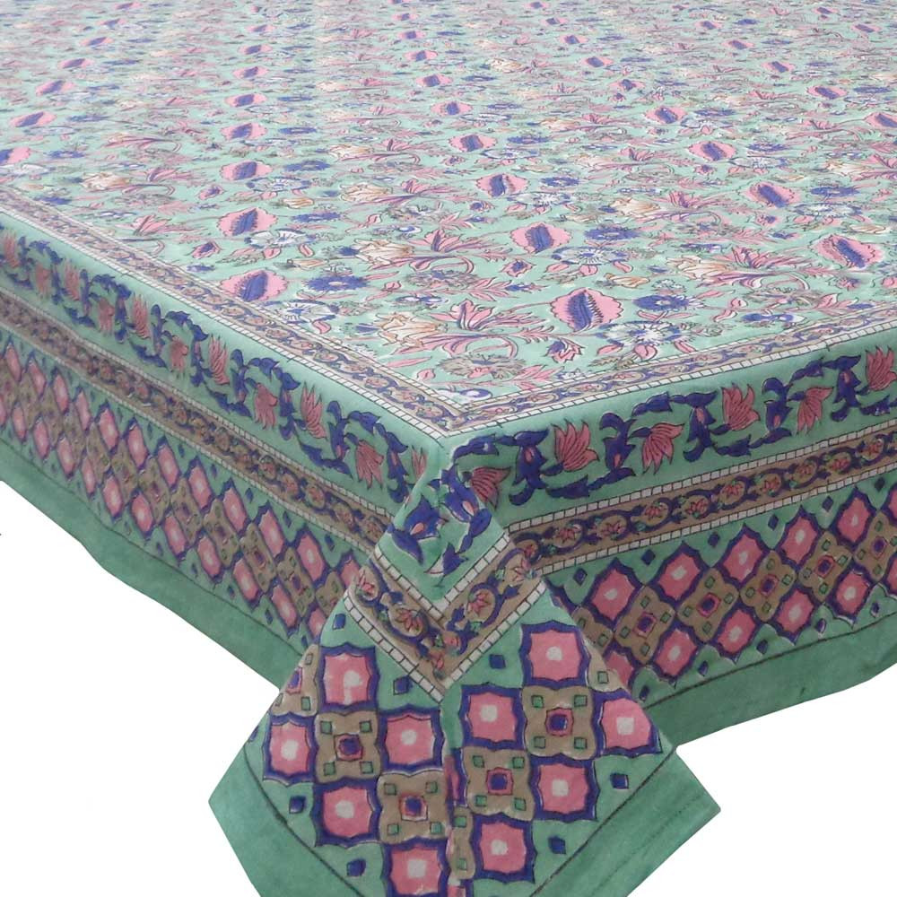 Image of Hand Block Printed Cotton Tablecloth 150x220 cms | Wild Flower Ocean Gud 106161