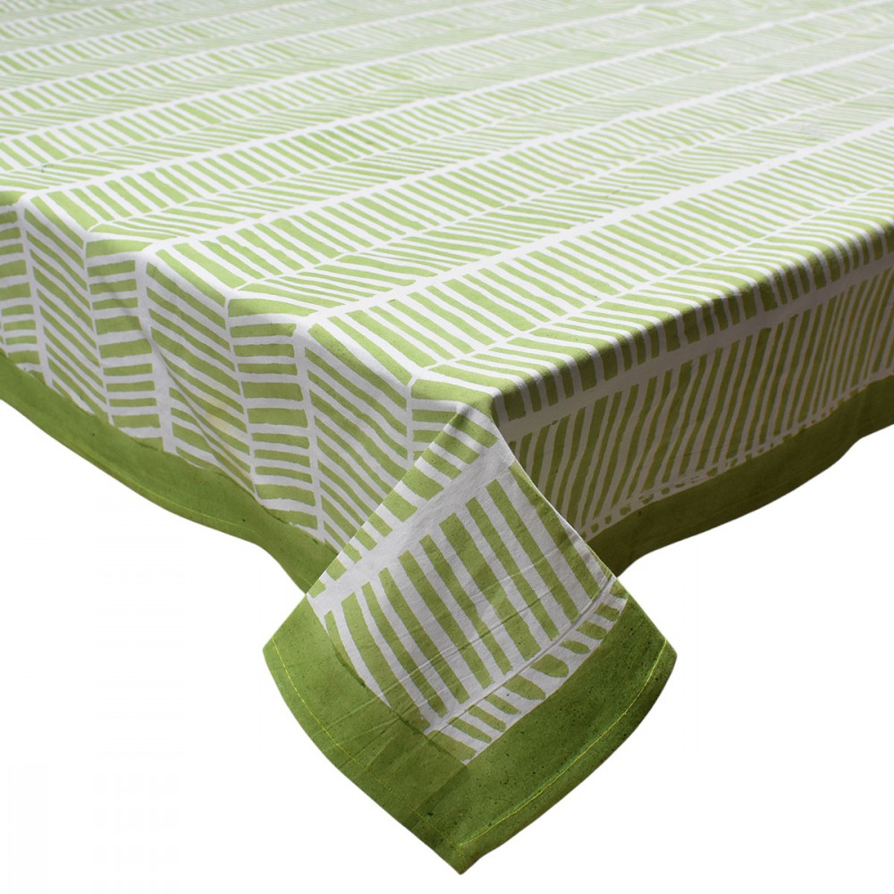 Image of Hand Block Printed Cotton Tablecloth 180x270 cms | Herringbone Celadon Green 408898