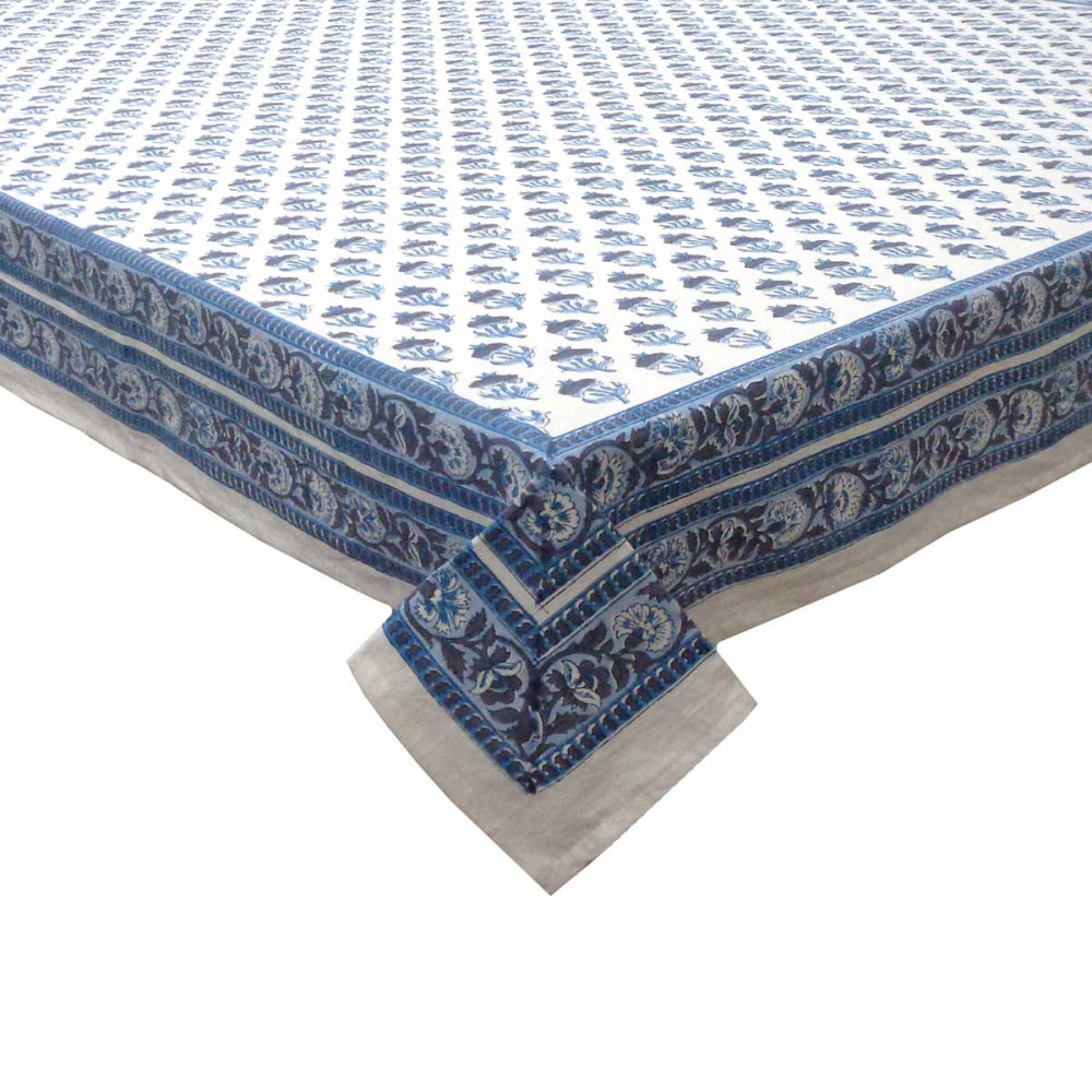 Image of Hand Block Printed Cotton Tablecloth 180x270 cms | Marigold Teal 230514