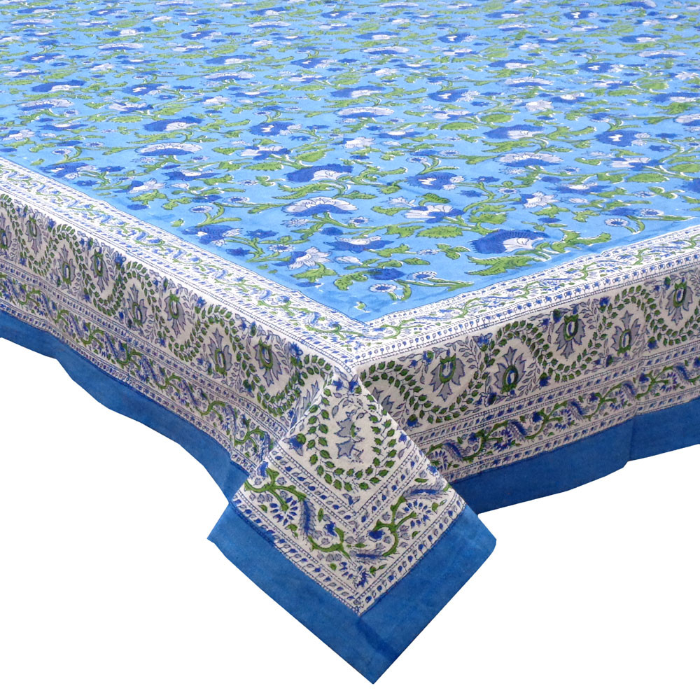 Image of Hand Block Printed Cotton Tablecloth 180x270 cms | Rukhsana Blue Gud 103736