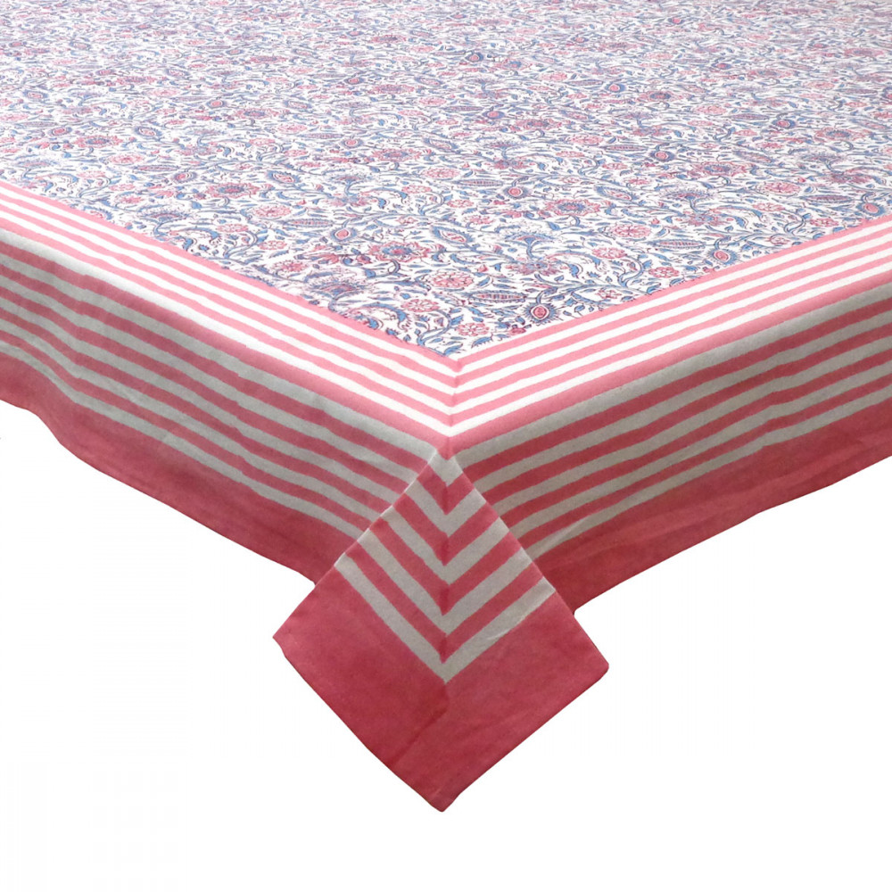 Image of Hand Block Printed Cotton Tablecloth 180x270 cms | Rukmani Maroon Open Pink 620608