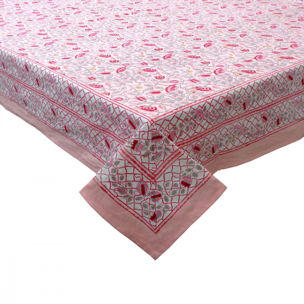 Image of Hand Block Printed Cotton Tablecloth 180x270 cms | Waterlily Pink Gud 906174