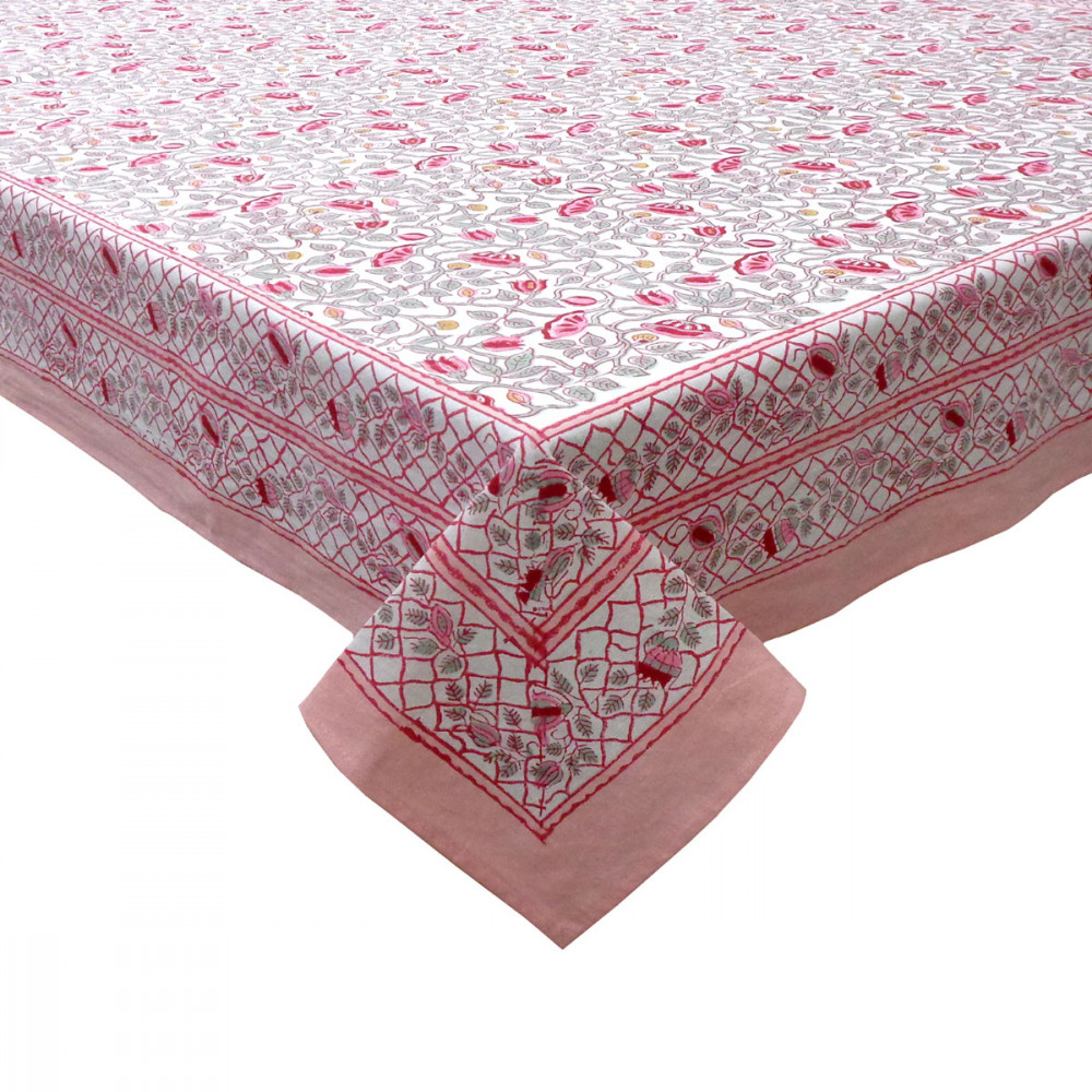 Image of Hand Block Printed Cotton Tablecloth 180x270 cms | Waterlily Pink Open 906172