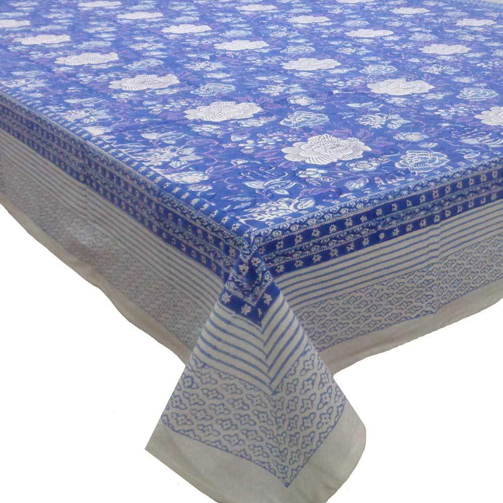 Hand Block Printed Cotton Tablecloth 180x340 Floral Canvas Brandies Blue Gud 109471