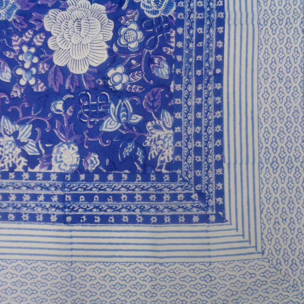 Hand Block Printed Cotton Tablecloth 180x340 Floral Canvas Brandies Blue Gud 109471