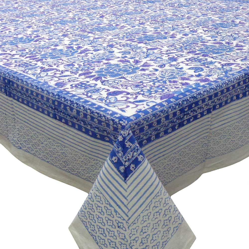 Hand Block Printed Cotton Tablecloth 180x340 Floral Canvas Brandies Blue Open 109017
