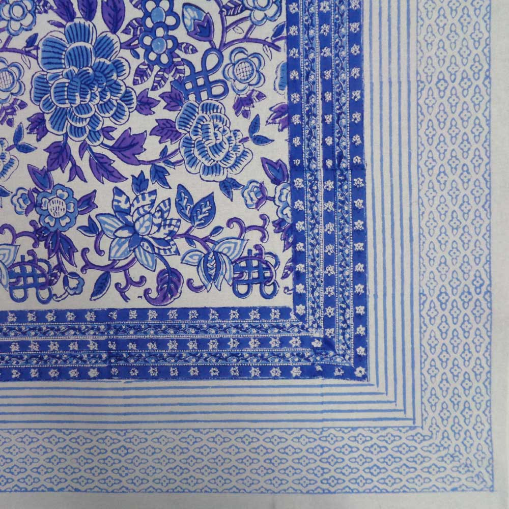 Hand Block Printed Cotton Tablecloth 180x340 Floral Canvas Brandies Blue Open 109017