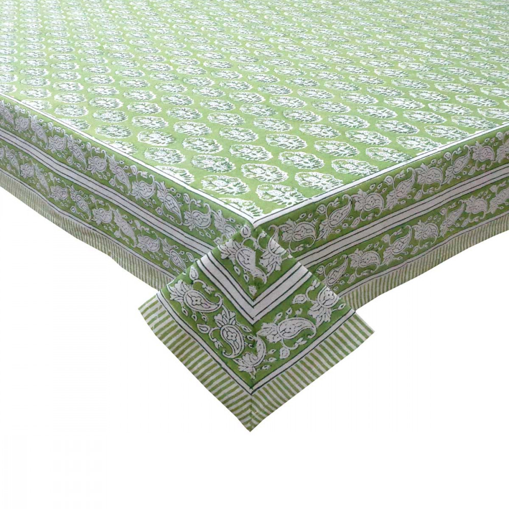 Image of Hand Block Printed Cotton Tablecloth 180x340 cms | Boota Celadon Green Gud 100673