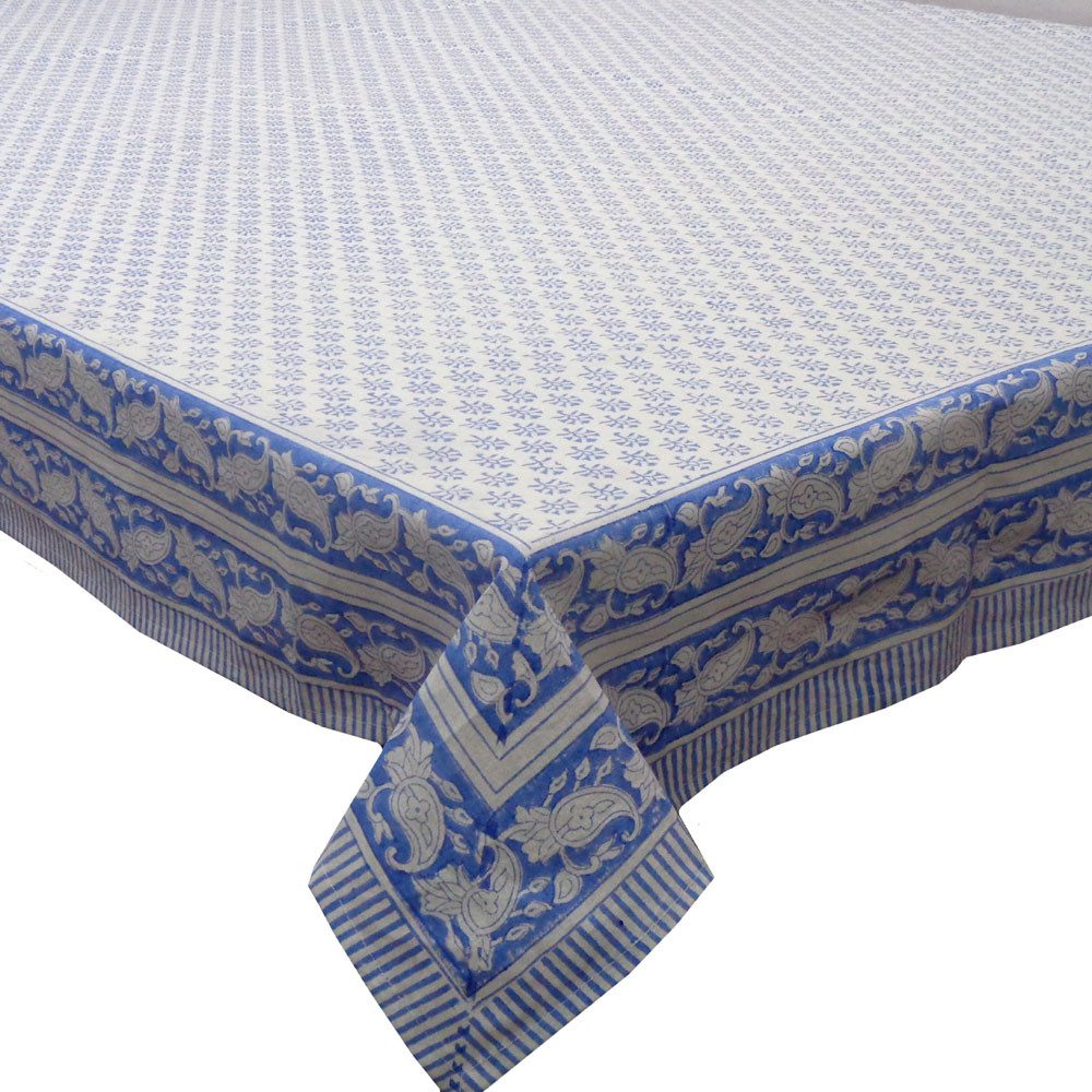 Hand Block Printed Cotton Tablecloth 180x340 cms Booti Blue 400385