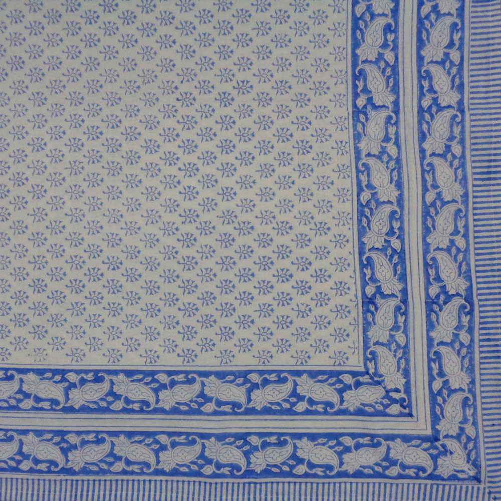 Hand Block Printed Cotton Tablecloth 180x340 cms Booti Blue 400385