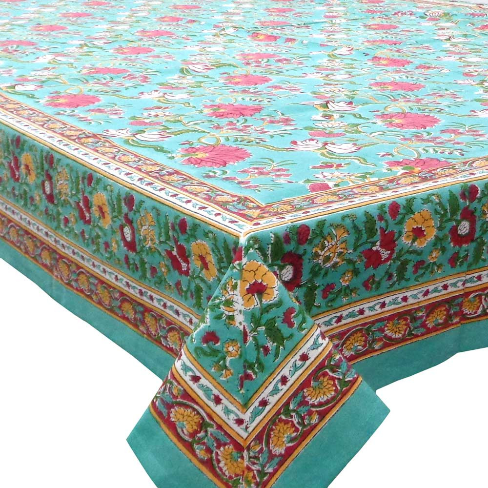 Image of Hand Block Printed Cotton Tablecloth 180x340 cms | Flower Blossom Jade Gud 104415