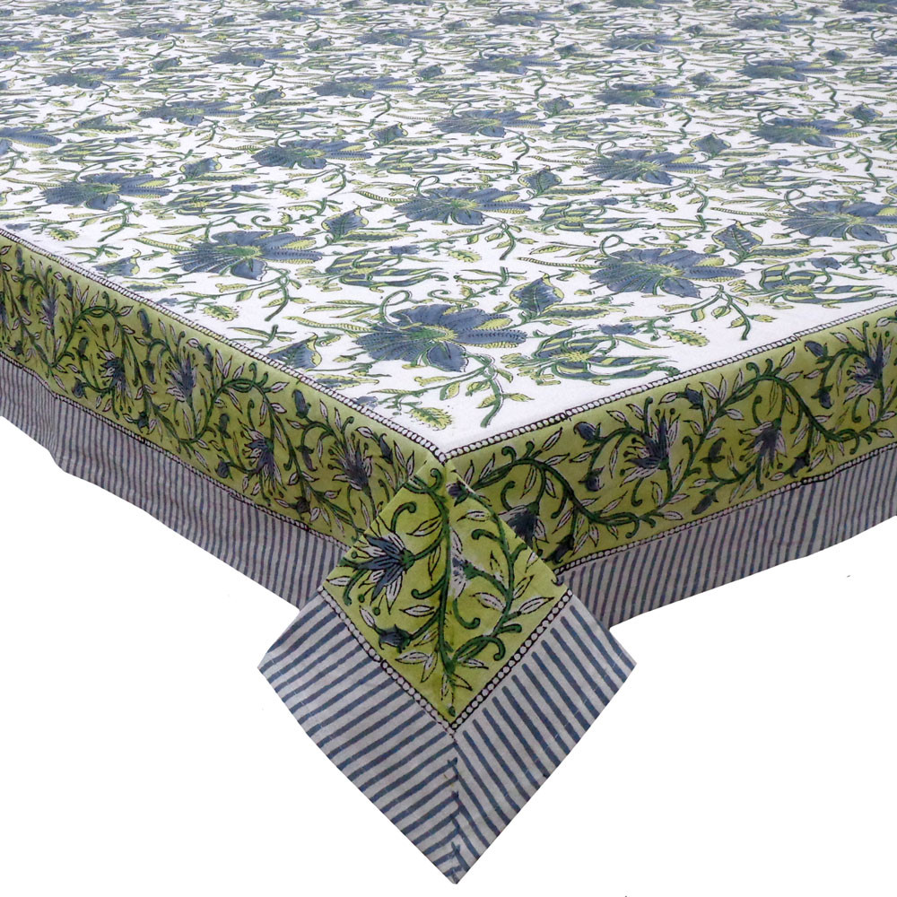 Hand Block Printed Cotton Tablecloth 180x340 cms Olive Flower Open 602178