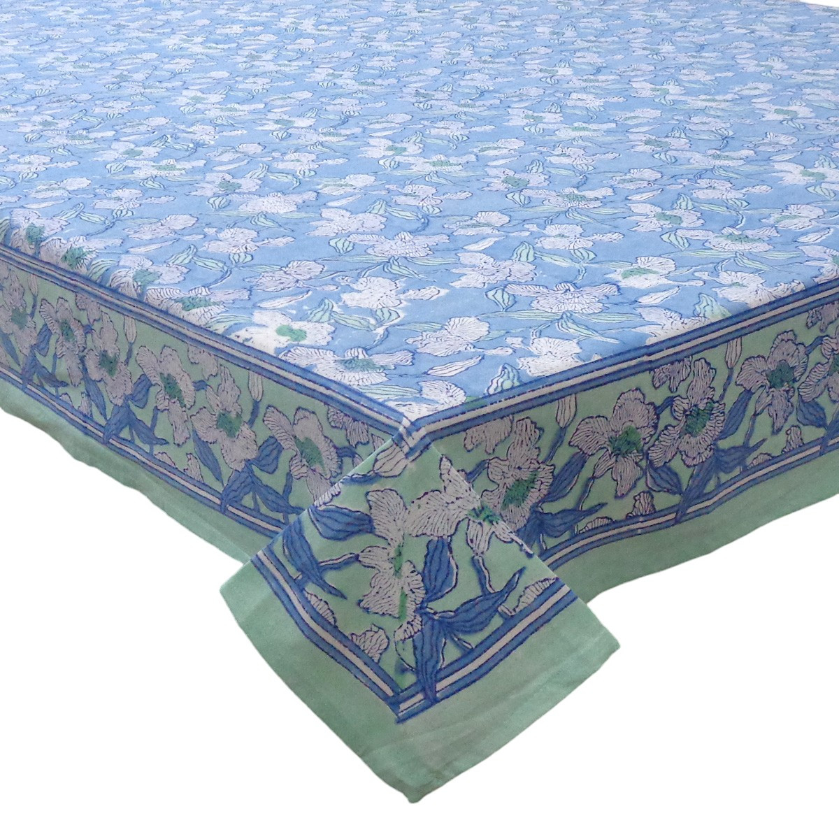 Hand Block Printed Cotton Tablecloth 180x340 cms Orchid Aqua 203890