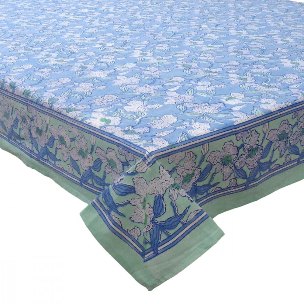 Image of Hand Block Printed Cotton Tablecloth 180x340 cms | Orchid Aqua 203890