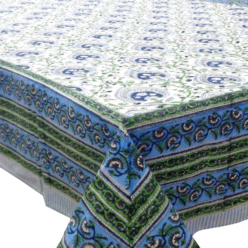 Image of Hand Block Printed Cotton Tablecloth 180x340 cms | Pan Leaf Blue 309622