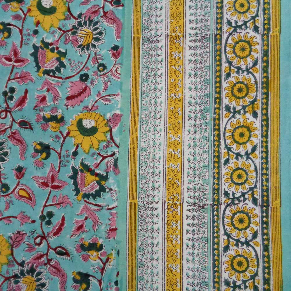 Hand Block Printed Cotton Tablecloth 180x340 cms Phuljhari Jade Gud 602160