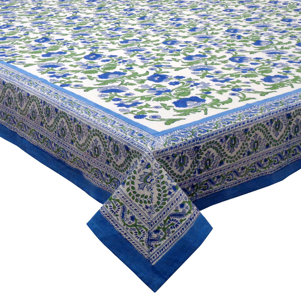 Hand Block Printed Cotton Tablecloth 180x340 cms Rukhsana Blue Open 103619