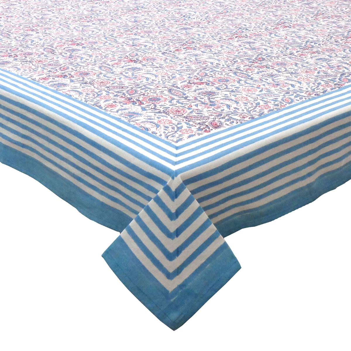 Hand Block Printed Cotton Tablecloth 180x340 cms  Rukmani Maroon Open Blue 620609