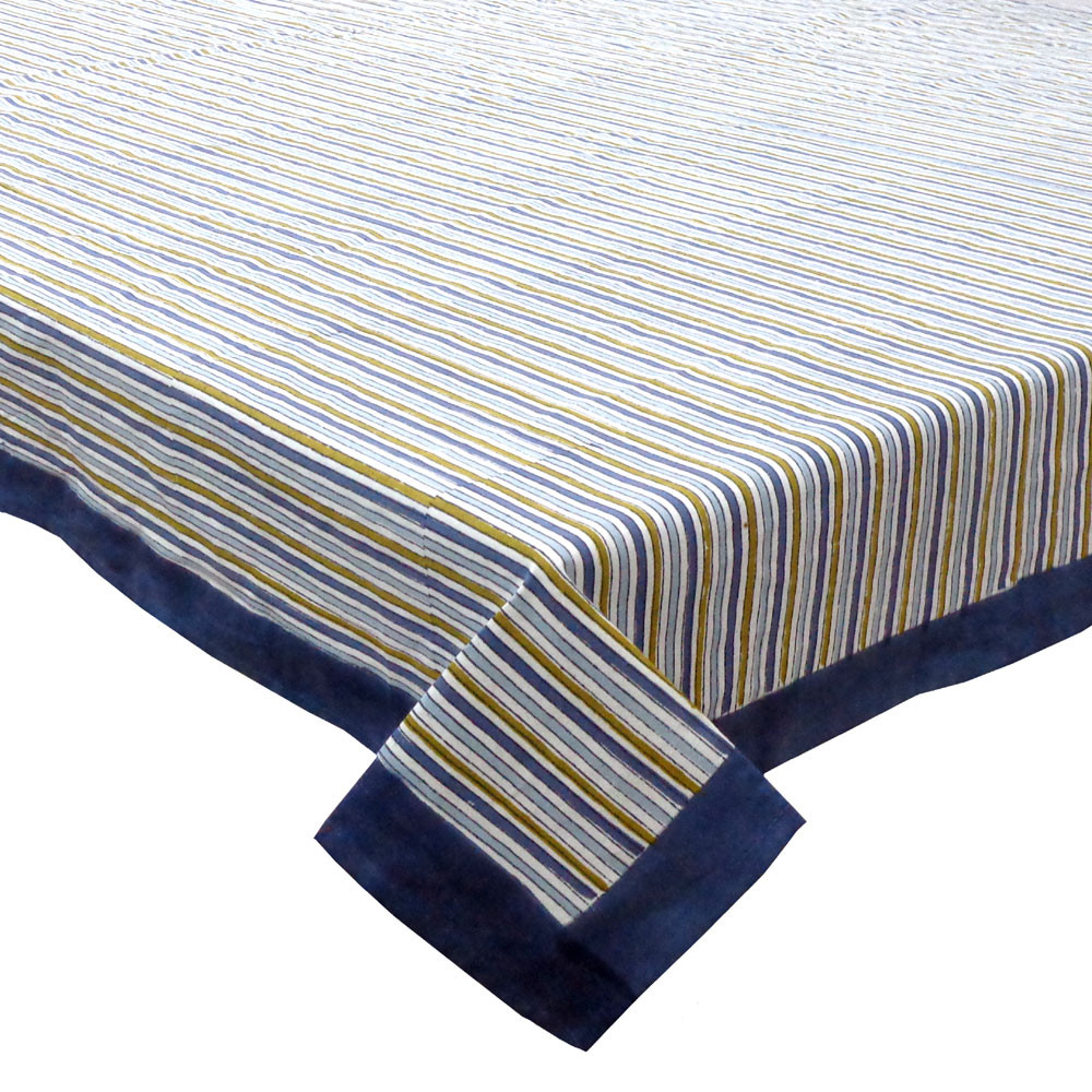 Image of Hand Block Printed Cotton Tablecloth 180x340 cms | Three Stripe Starlight 202213