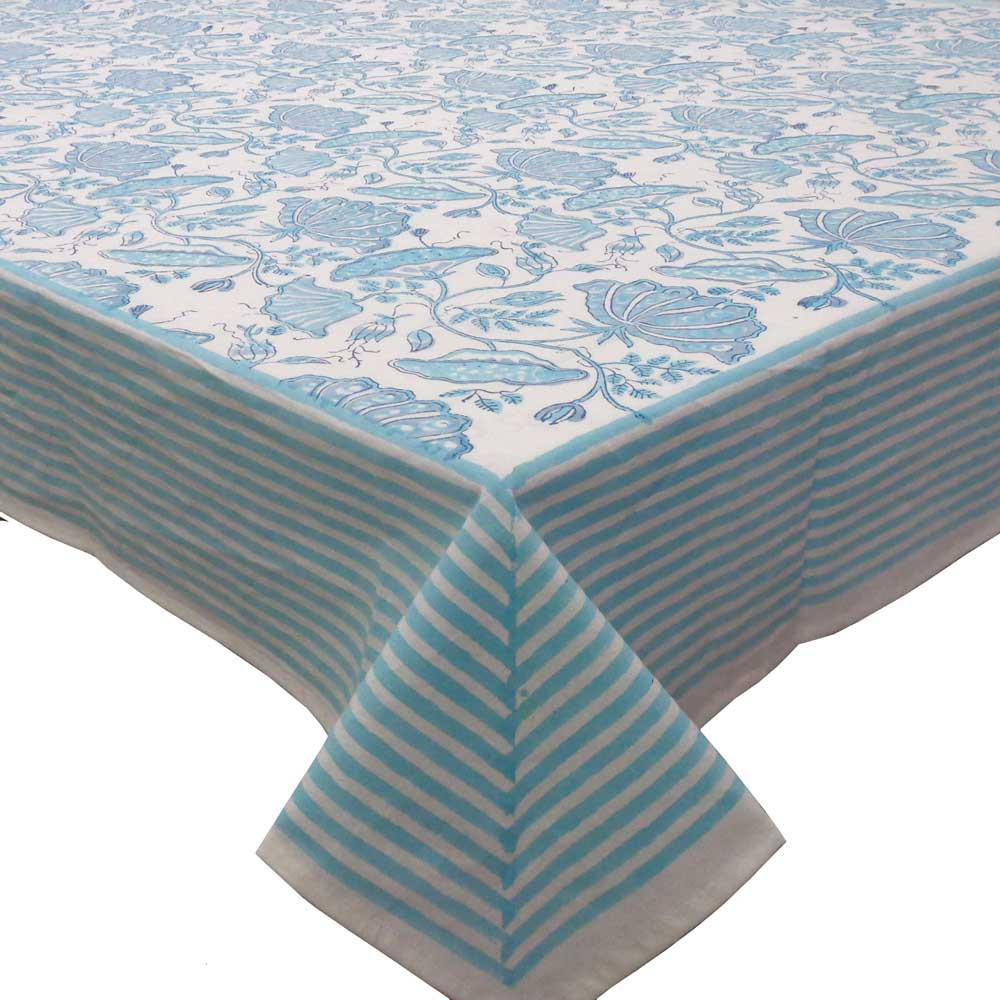 Hand Block Printed Cotton Tablecloth 180x340 cms Waterlily Aqua 204845
