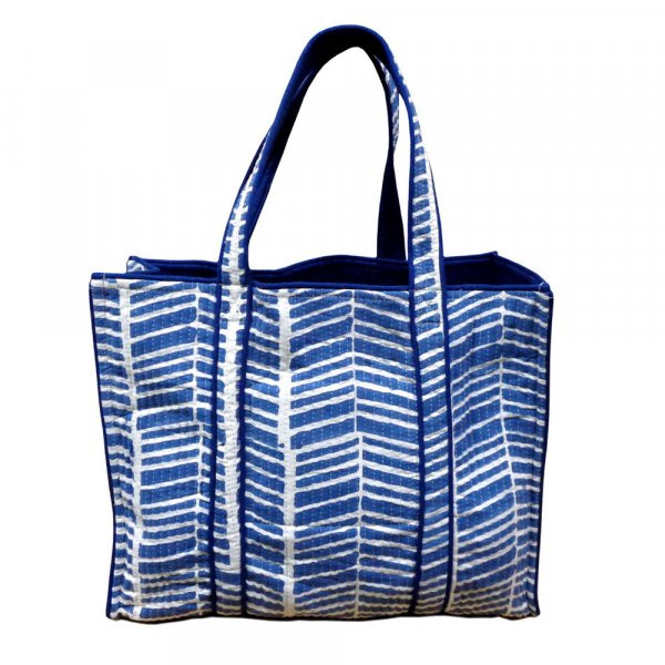 Hand Block Printed Cotton Quilted Tote Bag Herringbone Blue
