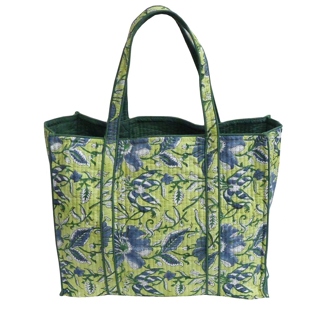 Hand Block Printed Cotton Quilted Tote Bag Olive Flower Gud