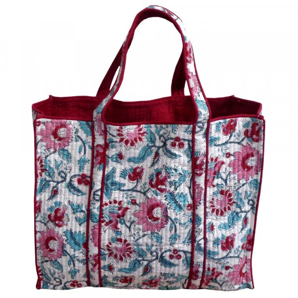 Hand Block Printed Cotton Quilted Tote Bag Phuljhadi Pink Open