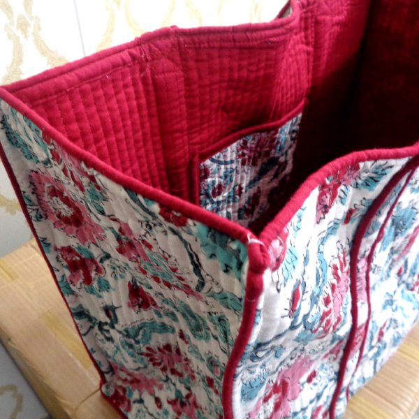 Hand Block Printed Cotton Quilted Tote Bag Phuljhadi Pink Open