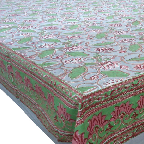 Square Tablecloth in Cotton Hand Block Printed Cotton Tablecloth 150x150  Lotus Lake