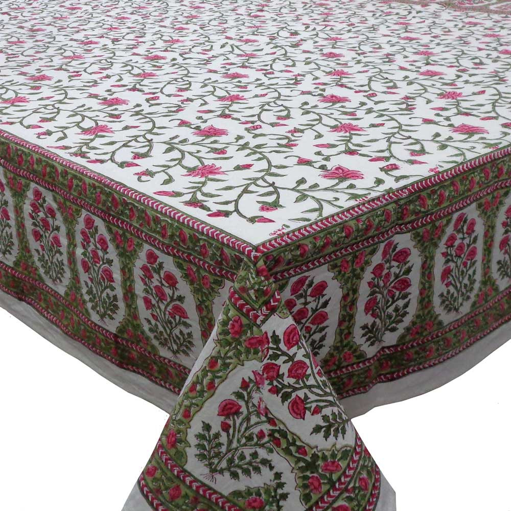 Square Tablecloth in Cotton Hand Block Printed Cotton Tablecloth 150x150 cm  Floral Bale Pink 103562
