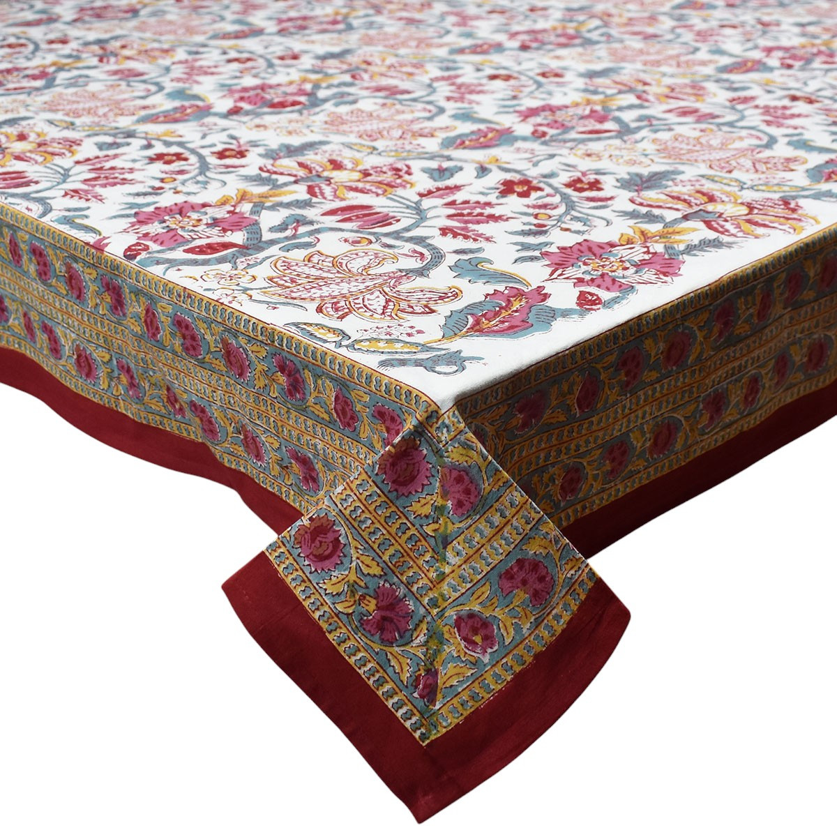 Square Tablecloth in Cotton Hand Block Printed Cotton Tablecloth 150x150 cms  Anarkali Red Open 200652