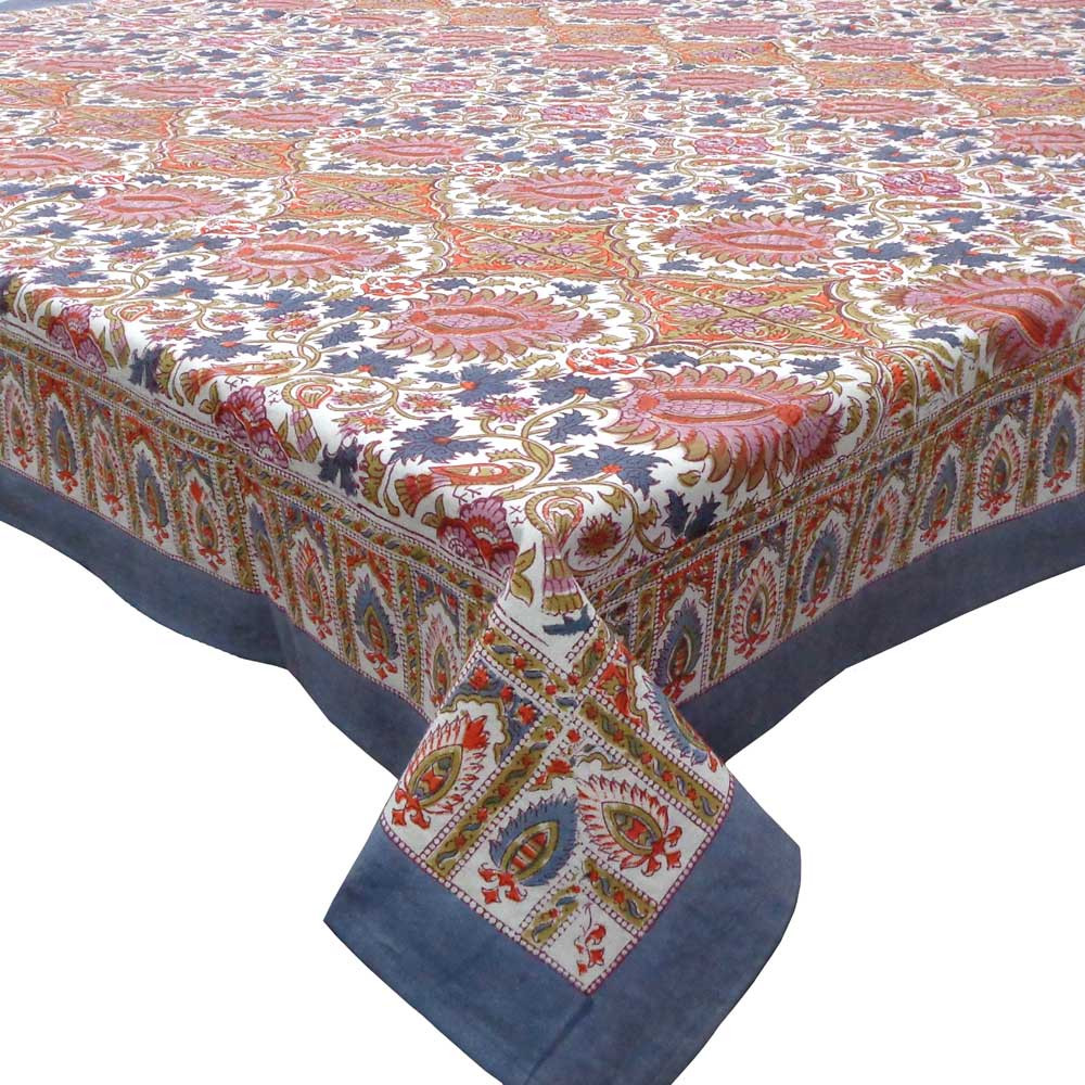 Image of Square Tablecloth in Cotton Hand Block Printed Cotton Tablecloth 150x150 cms | Bird Of Paradise Open 204059