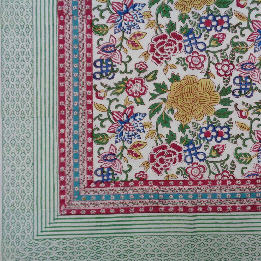 Square Tablecloth in Cotton Hand Block Printed Cotton Tablecloth 150x150 cms  Floral Canvas Blue Jade Open 106816